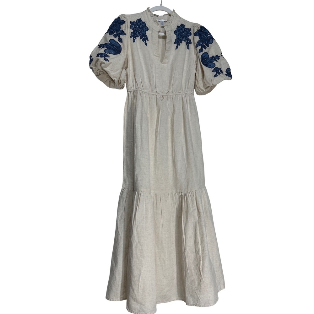 London Times Embroidered Puff Sleeve Tiered Dress XS Retail $128 NWT (no belt)